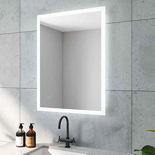 BOURGES-Serie Badspiegel mit indirekt Beleuchtung Hell Eckig 80x60 cm LED Badezimmerspiegel Günstig für Gäste WC Licht Spiegel Touch Schalter Dimmbar Memory-Funktion für Wandschalter Lichtschalter