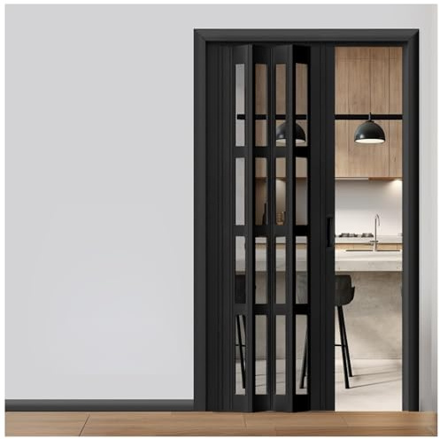 LXLZYXSF Puerta Plegable Interior Retráctil Puerta Plegable Puertas Concertina, Negro PVC Puertas Acordeón con Ventanas Acrílicas, Separación De Espacios Separador De Paredes(41x80in (104x203cm))