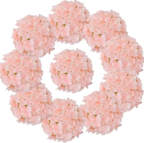 QIUMING Têtes d'hortensia en Soie avec tiges, Fleurs artificielles pour la Maison, décoration de Mariage, Lot de 10, Rose pâle