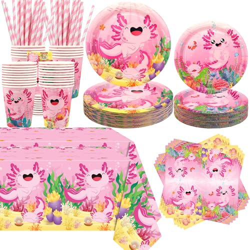 Obussgar Pink Axolotl Party Decoration - Axolotl Birthday Party Tableware Supplies Includes Plates, Cups, Napkins, Tablecloth, Straws (40)