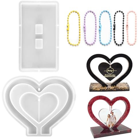 MUYAPAY Moule en Résine Époxy Forme Coeur Silicone Pendentif Formes Moules Décoration Cadre Photo avec Chaîne Perles Fer pour Moulage DIY Crafts Bijoux Handmade Gifts Décorations Maison
