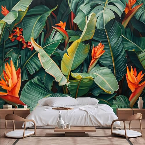 Lcythiazole Customizable Size Tropical Greenery Wallpaper - Orange Bloom & Green Foliage Mural for Bedroom & Office - Removable - Self - Adhesive