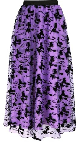 Halloween Damen Rock, Samt Hexen Mesh Tüllrock Elastischer Hoher Bund A Linie Swing Midirock Halloween Kostüm (S, M, Lila - Hexen)