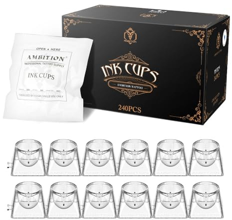 Ambition Tattoo Farbkappen Cups mit Stapelfunktion – 240 Stück große Becher (10ml) mit ml-Skala, einzeln verpackt für Tattoo-Farbe & Permanent Makeup