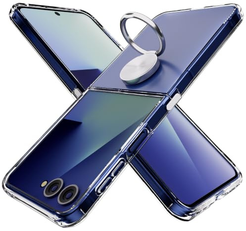 Hülle Ringhalter Kompatibel mit Samsung Galaxy Z Flip 7 5G, Silber | Crystal Clear Handyhülle Silikon Vier Ecken Anti-Fall TPU Case 360 Grad Ständer Ring Schutzhülle
