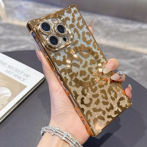 QIWEIQING for iPhone 13 Pro Max Magnetic Glitter Case, Cute Full Protection Slim Shockproof Anti-Scratch Bling Sparkly Case with Camera Lens Protector Cover for iPhone 13 Pro Max. Gold BW