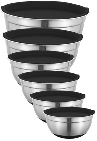 INMORVEN Edelstahl Schüssel Set mit Deckel - 6-teilige Rührschüsseln (0.96-4L) aus 18/10 Stahl, spülmaschinenfest & stapelbar für Küche & Aufbewahrung (Schwarz)