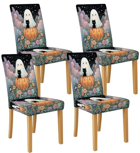 Esszimmerstuhlhussen mit niedlichem Geistermuster, dehnbar und waschbar, Spandex-Sitzschoner, lustig, dekorative Stuhlhussen für Halloween, Wohnzimmer, 4 Stück
