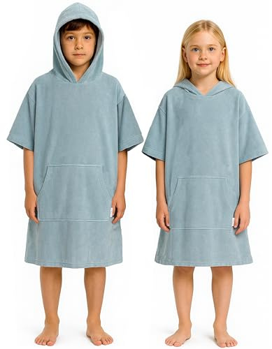 CalmyBEACH Leicht Frottee Badeponcho Kinder - Mädchen Jungen Baumwolle Poncho Handtuch Bademantel Badetuch Surf Strandponcho Kapuzenhandtuch 6-9 Jahre Blau