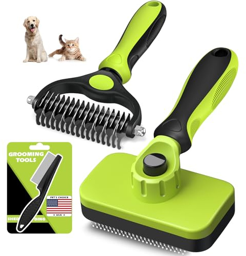 Professional 3PCS Self Cleaning Slicker Brush & Pet Grooming Rake & Flea Comb for Dogs,Cats and Horses | Double-Sided Dematting Comb & Skin Friendly Deshedding Grooming Tool | Pet Supplies (Green)