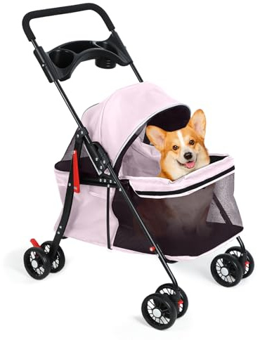 Hundewagen 2 in 1, Hundebuggy Bis 20kg, 4 Paar 360°Doppelräder, Hund-Katzen-Käfig-Kinderwagen mit Getränkehalter, Hundewagen Klappbar für Kleine/Mittlere Hunde und Katzen (Rosa)