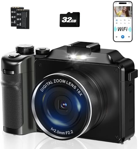 4K Digital Camera for Photography with WiFi 2 Batteries 32G TF Card,Vlogging Camera 18X Digital Zoom Auto Focus Macro Lens,Camcorder Built in Microphone and Speaker