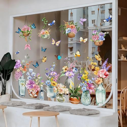 Fensterfolie Blumen, 90X30cm Fensterbilder Blumen selbstklebend, Deko Frühling Fenster, Doppelseitige Fenstersticker Frühling Sommer Herbst - Blumenvasen und Blumenampeln