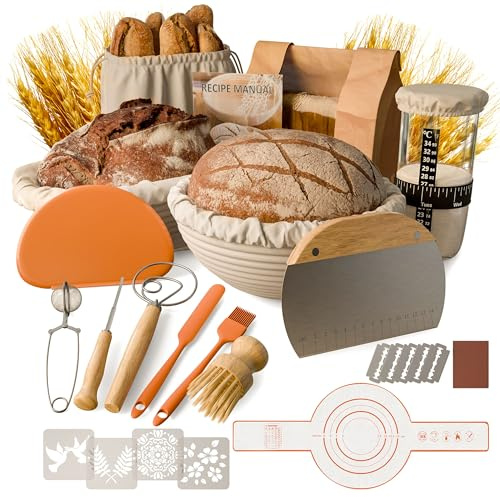 Gärkörbchen Für Sauerteig Starter Set, Gärkörbe in 25 cm und 23 cm | zum Brotbacken mit Sauerteig-Starterglas und Brotbackzubehör, Geschenkset für Anfänger und erfahrene Bäcker