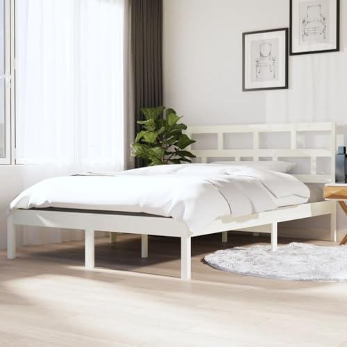 QJBSAVVA Massivholzbett Weiß 135x190 cm mit klassischem Kopfteil, Modernes Pinie Design und Robuste Sperrholzlatten für Schlafzimmer & Gästezimmer