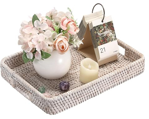 IGNPION Rattan Serving Tray Rectangle Decorative Display Tray Guest Towel Holder with Handle Desktop Organiser Basket for Tableware,Makeup,Vanity, Candle, Ornament,Perfume (White,L)