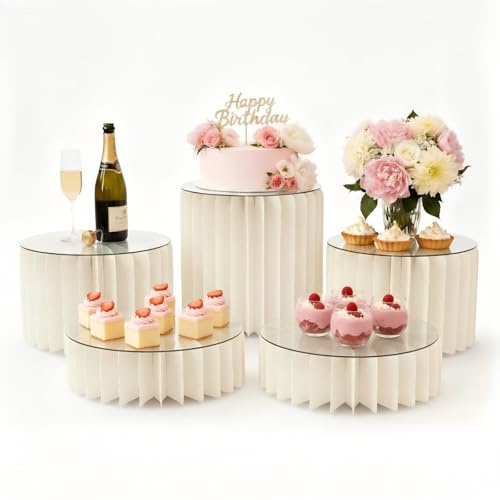 ZYOOO 5 Stück faltbare Dessert-Ständer - Mehrstufige Buffet-Erhöhungen aus Acryl & Karton, stapelbar bis 70cm - Für Hochzeit, Geburtstag, Party-Deko, wiederverwendbar