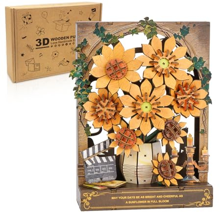 Cutywood 3D Holzpuzzles für Erwachsene - Sonnenblume 3D Blumenmodell Bausatz mit LED-Licht, Wandkunst-Dekor für DIY Bastelset für Erwachsene, Puzzle Geschenke für Frauen und Männer