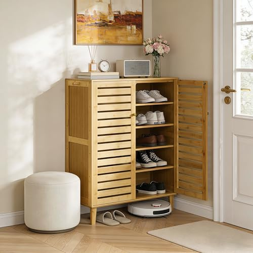 unho Zapatero Madera con Cierre Magnético y Ganchos 15 Pares, Fondo 35 cm | Mueble Zapatero Recibidor con 5 Estantes, 2 Puertas, para Salón Pasillo, Madera Natural, 75x35x103cm