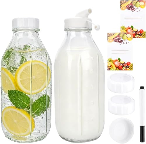 TEGOVE 2er Set Glasflaschen mit Deckel aus Glas, 1000ml, Milchflaschen mit Schraubverschluss zum Befüllen,Ideal für Saft, Milch,Milchshakes