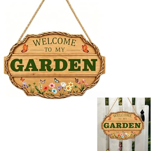 Wood-Grain Acrylic Rustic Floral Welcome Sign Garden Door Hanger,Garden Signs And Plaques For Outside,Wooden Front Porch Decor,Welcome Sign For Front Door,For Home,Garden,Cafe,Farm(11.4”x7”)