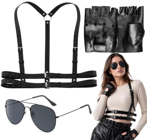 GgiAvbn lara croft kostüm,Cosplay | Dreiteiliges Set aus Kunstleder mit harness damen oberkörper, Handschuhen und Pilotenbrille für Halloween und Karneval