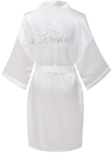 FADSHOW Damen Kurz Satin Kimono Robe Hochzeit Morgenmantel für Braut Brautjungfer Nachthemd Nachtwäsche, Weiß (Braut), Small-Medium