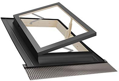 Emica - Lucernario apertura Libro in Alluminio | Linea Best Doppia Vetrata 4-9-4 | Interno Legno Abete | Ideale per uscita sul Tetto | Finestra da tetto (78x98 Base x Altezza)