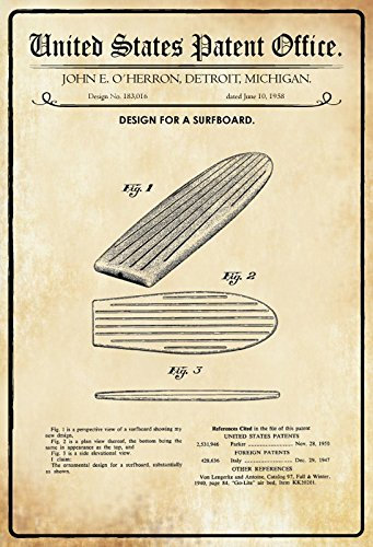 Deko7 Blechschild 30 x 20 cm U.S. Patent Office. - Design for a Surfboard (John E. O´Herron) 1958