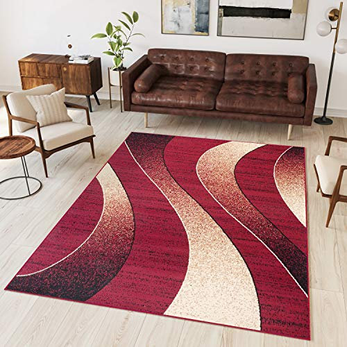 TAPISO Dream Tapis de Salon Chambre Salle à Manger Adulte Bureau Design Moderne Rouge Beige Bordeaux Abstrait Motif Ondes Vagues Poil Court Fin Doux Léger Résistant 160 x 230 cm