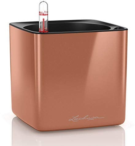 LECHUZA Cube Glossy 14 hochwertiger Pflanzwürfel mit Stick -Bewässerungssystem, Spicy Copper highgloss