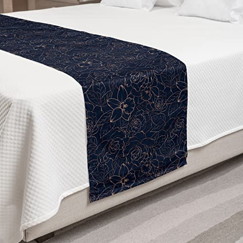 Ambesonne Navy Blue Bed Runner, Abstract Hand Drawn Interpretation of Narcissus Rose Daffodil Peony Flower, Decorative Accent Bedding Scarf for Hotels Homes and Guestrooms, Queen, Indigo Brown
