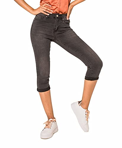 Nina Carter P132 Jean Capri Skinny Fit pour Femme Pantacourt Taille Haute Effet Usé et Lavage, Gris Foncé (P132-3), S