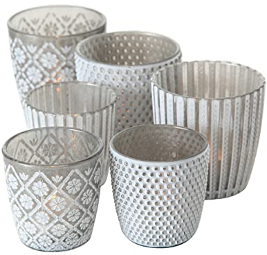 Seaside No.64 - Windlicht-Set 6 teilig aus Glas 7-9cm - Teelichthalter für Romantisches Ambiente - Kerzenständer mit 3 Designs in je 2 Größen - Retro Kristall Ornamente - (grau, Set)