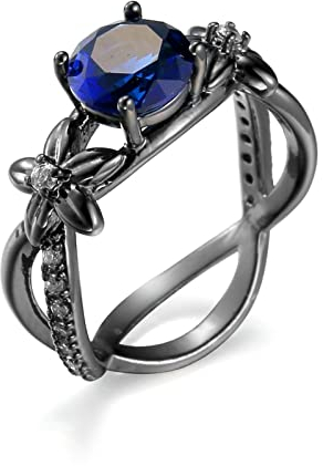 BCughia Eheringe in Schwarz, Eheringe Blau Blau Runden Zirkonia Schwarz Rhodiniertes Silber Blumenverflochtener Ring Verlobung Engagement Ring 58