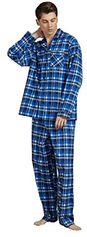 Amaxer Combinaison Flannel Pyjama Homme Hiver Warm 100% Coton Vêtements de Nuit Chemise Long avec Poches Bas avec Cordon de Serrage,Bleu Blanc Noir À Carreaux M