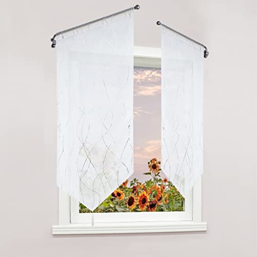 Delien Voile Scheibengardine Modern Kurzstores Türgardine Bistrogardinen mit Wellenmuster »Rinnsal« Küche Kurz Gardine mit Quaste Panneaux Vorhang mit Durchstangenzug 1 St. BxH 40x90cm,Silber