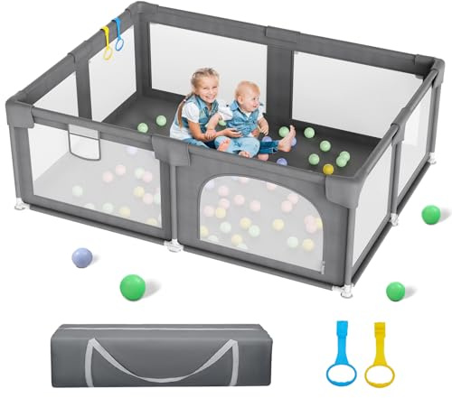 Palopalo Laufstall Baby 180x150cm, Extragroßer Laufgitter für Babys und Kleinkinder, Laufgitter Baby mit 2 Reißverschlusstür und Atmungsaktivem Netz, Laufstall 300D Oxford Geweb, Dunkelgrau