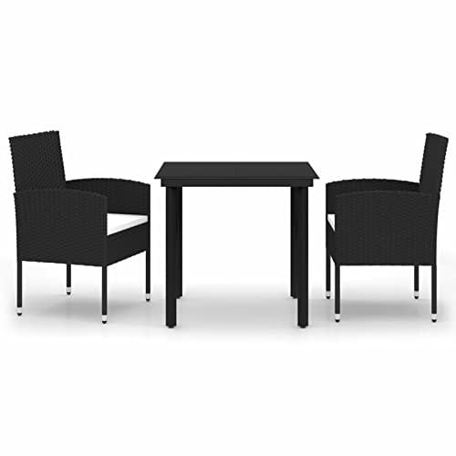 Gecheer 3-TLG. Garten Essgruppe 2 Personen, Polyrattan Gartenmöbel, Rattan Sitzgruppe, Balkonset, Balkonmöbel, Terassenmöbel Gartengarnitur Glastisch & Stühle mit Kissen Schwarz
