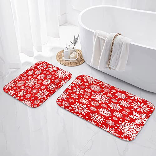 ArtSocket Weihnachts-Badezimmerteppiche und -matten, 2-teilig, Schneeflocken-rote Teppiche, rutschfest, Schnee, Winter, Stern, saugfähig, Mikrofaser, Memory-Schaum, Badematte, maschinenwaschbar,