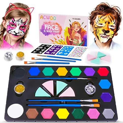 ACWOO 16 Farben Schminkfarben Schminkpalette, Face Paint Bodypaint Schminkset, Körperfarbe mit 3 Pinsel,2 Glitzer und 4 Schwämme für Halloween Karneval Fasching