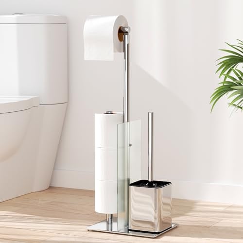 susswiff Toilet Roll Holder with Brush - Stainless Steel Free Standing Glass Baffle, Paper and Brush, Silver (BSP-1482)