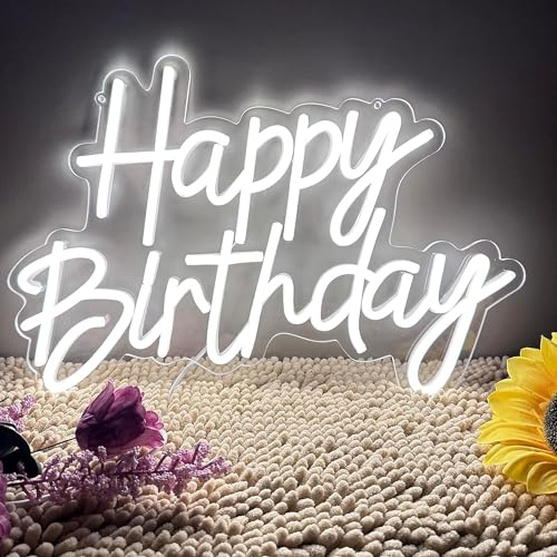 HFHungkeong Happy Birthday Neon Señales Luminosas,Led Neon Personalizado Letrero Lámpara decorativa de pared para cafetería fiesta de aniversario,Reutilizable y regulable, alimentado por USB(Blanco)