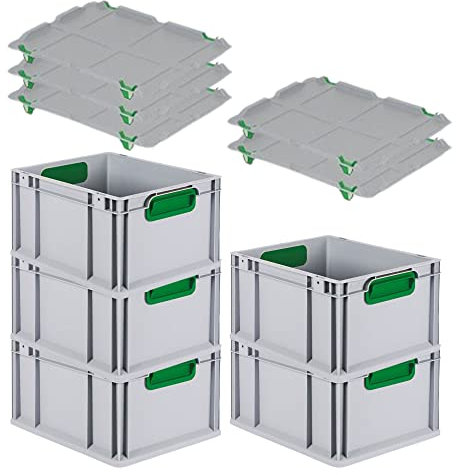PROREGAL SuperSparSet 5x Eurobox NextGen Color mit Auflagedeckel & Schiebeschnappverschlüsse, HxBxT 22x30x40cm, 20L, Griffe grün geschlossen, Glatter Boden, Eurobehälter Transportbox Transportbehälter