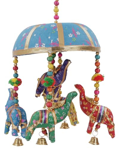 GURU SHOP Original Indisches Elefanten Mobile mit Glöckchen - Blau