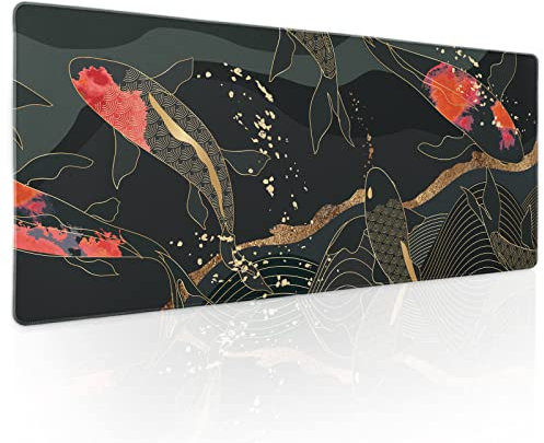 Black Red Japanese Gaming Mouse Pad XL Koi Fish Art Gold Texture Anime Extended Big Large Desk Mat Non-Slip Rubber Base Stitched Edge Long Keyboard Mousepad for PC Computer Laptop,31.5×11.8 Inches