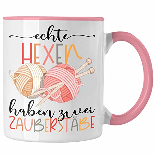 Trendation - Stricken Tasse Geschenk Häckeln Echte Hexen Haben 2 Zauberstäbe Geschenk Oma (Rosa)