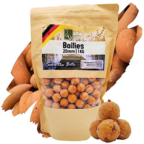 Zite Fishing Boilies 20mm für Karpfen-Angeln - Starke Lockwirkung & Wohldosierte Aminosäuren - 1kg Angelköder Sinkend im Wiederverschließbaren Beutel - Hochfängige Aromen-Auswahl (Süßkartoffel-Chilli)