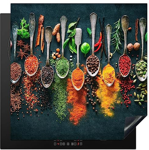 KitchenYeah© Herdabdeckplatte Einteilig Ceranfeld Abdeckplatte für Induktionsschutz Ceranfeldabdeckung Vinyl Herdabdeckplatten Kräuter - Gewürze - Löffel - Pfeffer - 78x78 cm