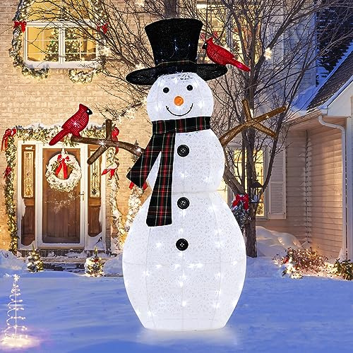 GYMAX beleuchtete Schneemann und Rotes Vögelchen, Weihnachtsdeko mit 70 weißen Lichtern & Bodenspikes, Weihnachtsfigur, Weihnachtsdekorationen für außen & innen
